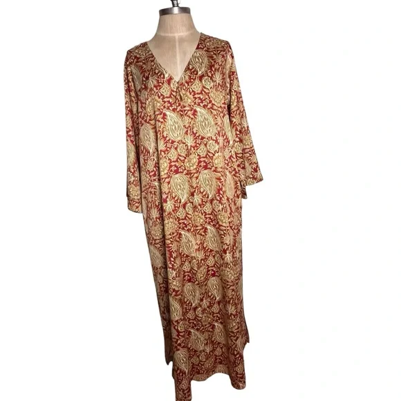 Natori Georgette Zip Front Caftan Kimono Red Gold Paisley Comfort — Large - Picture 8 of 12